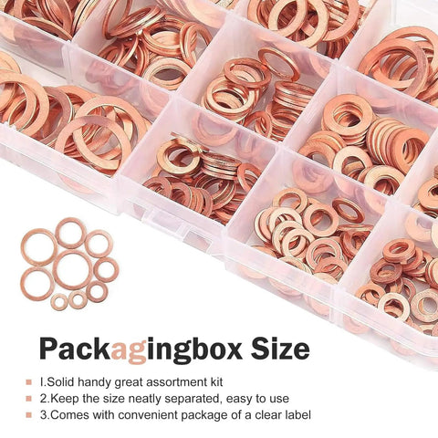 Copper Crush Metric Washers Kit 200 Pcs Sealing Flat Ring Set shown in box compartments