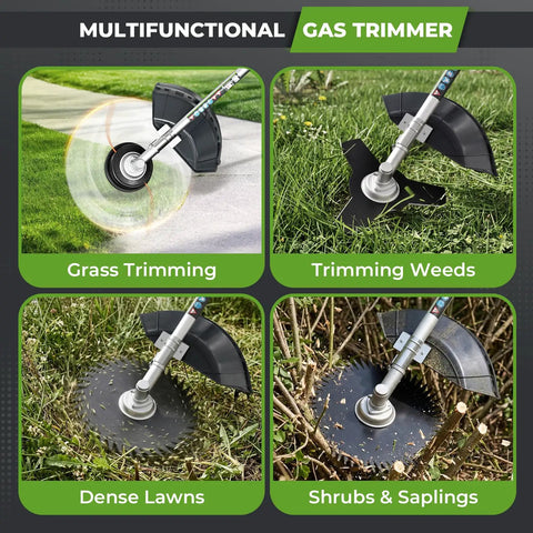 Six In One Beast Of A Gas Powered Weed Wacker Kit With 52cc 2 Stroke Engine showing grass trimming, weed trimming, dense lawn, shrub cutting