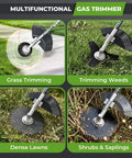 6 In 1 Backpack Gas Powered Weed Eater Kit With 52cc 2 Stroke Engine shown trimming grass, weeds, dense lawns, shrubs, saplings.