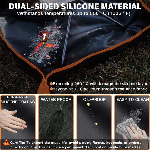 Beefy Built Dual Sided Fireproof Mat 32x32 Inch showing silicone material and heat resistance properties for fire pit use