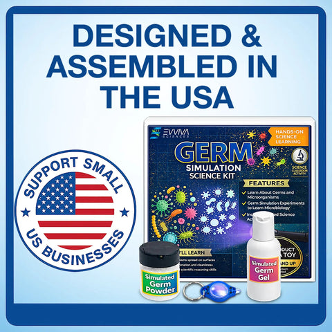 Germ Transfer Visualization Kit with glow in the dark powder and gel, packaging and features highlighted, USA made badge visible.