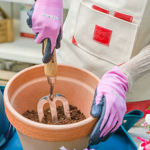 Person using Stainless Steel Hand Fork For Weeding And Planting, Traditional Garden Tool With Ergonomic Ash Wood Handle in a pot