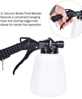 1L Pneumatic Brake Fluid Bleeder Kit with black handle, hanging hook, white container, and locking trigger for automotive use.