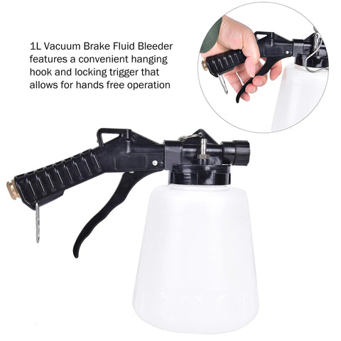 1L Pneumatic Brake Fluid Bleeder Kit with black handle, hanging hook, white container, and locking trigger for automotive use.
