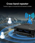 Dual Band Ham Radio Cross Band Repeater And Mobile Transceiver showing cross-band function with graphical overlay in mountain scenery