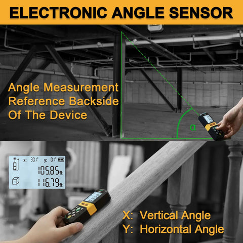 Electronic angle sensor on laser distance meter measuring vertical and horizontal angles on a stair railing