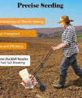 Manual Seeder With Seven Nozzles Hand Push Garden Seeder Roller Seed Spreader For Corn Beans Peanuts And More in use by a farmer