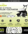 Cordless Garden Tiller Kit With Dual 24V Batteries And Charger, showing 48V tiller, batteries, and quick start handle.