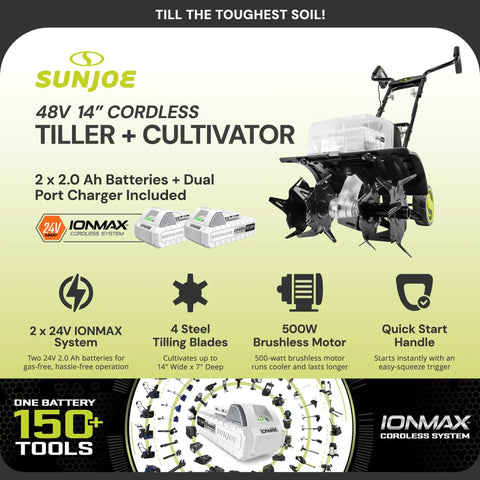 Cordless Garden Tiller Kit With Dual 24V Batteries And Charger, showing 48V tiller, batteries, and quick start handle.