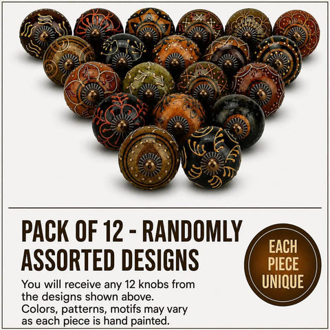 Top Notch Hand Painted Ceramic Cabinet Knobs And Drawer Pulls Pack Of Twelve Chic Boho Style, assorted hand-painted knobs showcasing unique designs.
