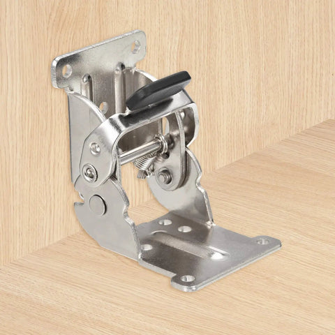 Heavy Duty Table Leg Folding Brackets 2 Pack Adjustable 0 90 180 Degree Self Locking Hinges mounted on wood.