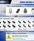 Instructional guide for using the Lug Nut Key Set 16 Piece SAE And Metric Wheel Lock Removal Tool Kit In CrMo Steel with spline count and sizing.