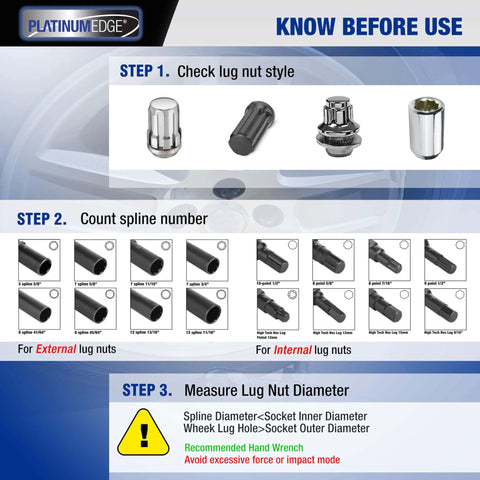 Instructional guide for using the Lug Nut Key Set 16 Piece SAE And Metric Wheel Lock Removal Tool Kit In CrMo Steel with spline count and sizing.