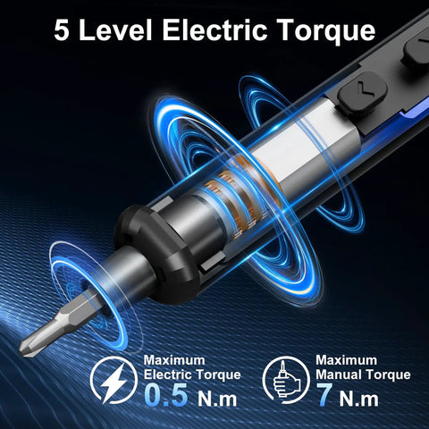Close-up of Handy Mini Electric Screwdriver Kit with 50 Precision Bits and 5 Torque Settings showing electric torque