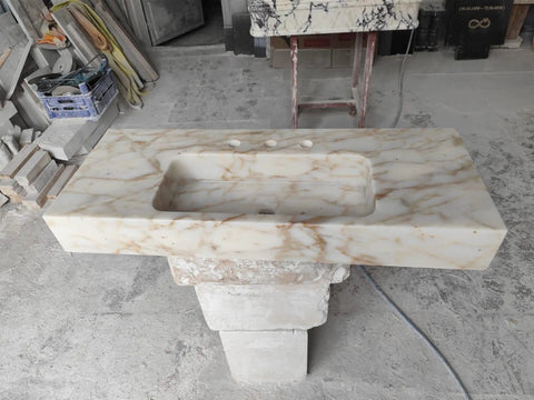 Top Shelf Hand Carved Afyon Honey Marble Bathroom Vanity Sink With Slick Countertop Setup And Durable Natural Stone Craft For Upscale Residential Or Swanky Commercial Decor, 18x14 inch smooth sink.