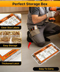 Person in uniform using drill next to open case of Nine Size M4 Wood Screws Set For Woodworking And Furniture Repairs 325 Piece Zinc Plated Self Tapping Phillips Flat Head Screws Kit Pro Grade Handy For Cabinets DIY Projects And Home Fixes, showing storage box with clear size labels.