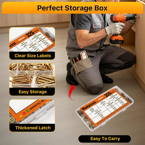 Person in uniform using drill next to open case of Nine Size M4 Wood Screws Set For Woodworking And Furniture Repairs 325 Piece Zinc Plated Self Tapping Phillips Flat Head Screws Kit Pro Grade Handy For Cabinets DIY Projects And Home Fixes, showing storage box with clear size labels.