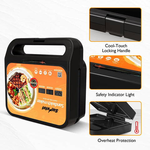 Super Awesome 3-In-1 Electric Sandwich Maker With Removable Nonstick Plates, 1000 Watts For Waffles Paninis And Eggs, Quick Easy Cooking In Sleek Black Finish perfect for busy mornings, features cool-touch handle and safety indicator.