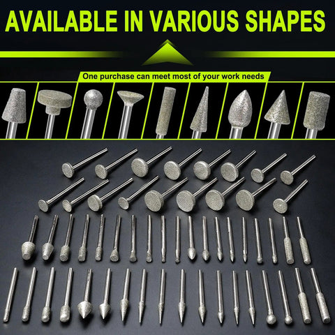 54 Piece Diamond Burrs Rotary Tool Kit With Magnetic Water Drip Cooling System And Adjustable Swivel Nozzle, various shapes, precision cutting tools.