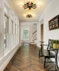 Hallway with Cool 4 Light Sputnik Ceiling Light Fixture Black Flush Mount With Wood Base, Modern Farmhouse Style, Rustic Industrial Look