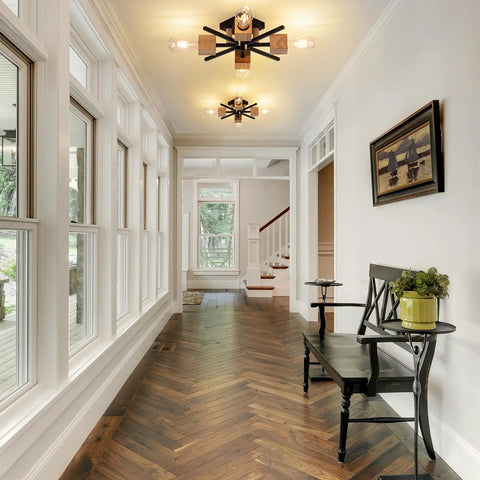 Hallway with Cool 4 Light Sputnik Ceiling Light Fixture Black Flush Mount With Wood Base, Modern Farmhouse Style, Rustic Industrial Look