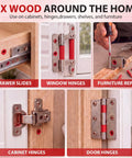 45 Piece Stripped Screw Hole Repair Kit For Wood And Furniture Fixes For Door Hinges And Cabinets Fits Two To Sixteen Wood Screws With Push In Plugs Red DIY Friendly Cabinet Doors Drawers And Furniture Repair Anchors. Kit shown for drawer slides, cabinet, window and door hinges.
