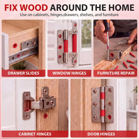 45 Piece Stripped Screw Hole Repair Kit For Wood And Furniture Fixes For Door Hinges And Cabinets Fits Two To Sixteen Wood Screws With Push In Plugs Red DIY Friendly Cabinet Doors Drawers And Furniture Repair Anchors. Kit shown for drawer slides, cabinet, window and door hinges.