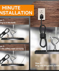 Installation steps for 4 Pack UFO LED High Bay Light 200W With 6000K Daylight, showing hanging, safety rope, and plug into outlet
