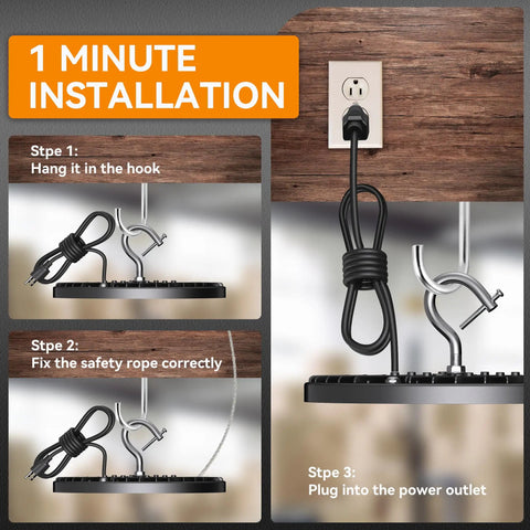 Installation steps for 4 Pack UFO LED High Bay Light 200W With 6000K Daylight, showing hanging, safety rope, and plug into outlet