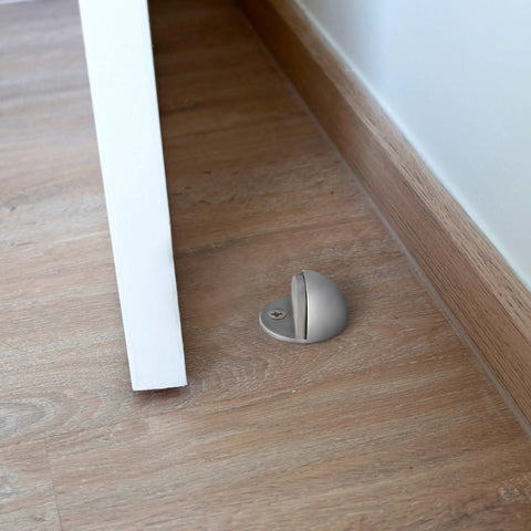 Floor Mounted Door Stops Five Pack Satin Nickel Zinc Heavy Duty With Rubber Cushions And Easy Install Dome Shaped to protect walls.