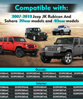Heavy Duty Four Door Hinge Assembly Kit For 2007 To 2018 Jeep Wrangler JK JKU Unlimited viewed on multiple Jeep models in desert setting.