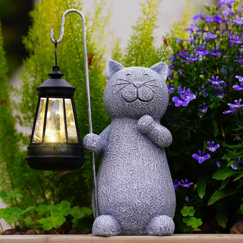 Solar Powered Cat Garden Statue With Warm Glow Lantern, Weatherproof Resin Outdoor Decor for Yard Pathway Patio Porch or Balcony