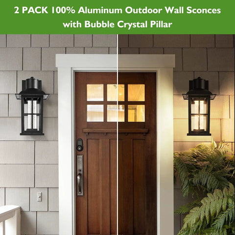 Crystal Bubble Glass Outdoor Wall Lanterns 2 Pack mounted on front door, showcasing modern waterproof sconces with starry glow.