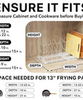 Image showing size requirements for Built Tough Expandable Pan Rack With Ten Adjustable Compartments Heavy Duty Kitchen Pot Organizer.