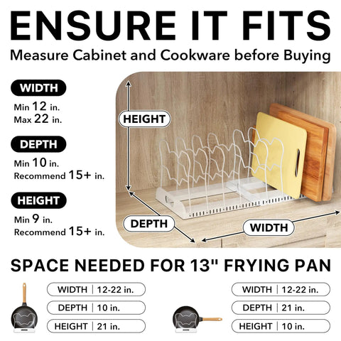 Image showing size requirements for Built Tough Expandable Pan Rack With Ten Adjustable Compartments Heavy Duty Kitchen Pot Organizer.