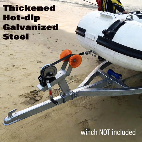 Six Level Adjustable Boat Trailer Winch Stand With 17.3 To 22.0 Inch Post Range attached to a boat, showing large rollers and sturdy build