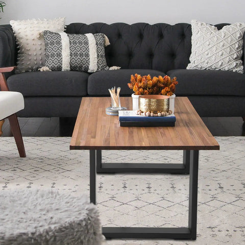 Living room with a wooden coffee table supported by Beefy 16 Inch DIY Modern Square Coffee Table Legs Set Heavy Duty Steel Bench Legs.