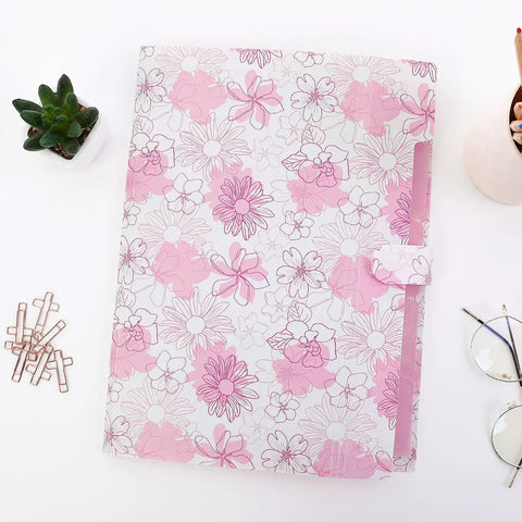 Floral 5 Pocket Accordion File Organizer For Bills Receipts And Documents on desk with glasses and succulent