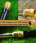 Solid Brass Garden Hose Adapter Set With Quick Swivel Double Female Fittings Three Quarter Inch GHT To One Half Inch NPT Female leakproof adapter on hose