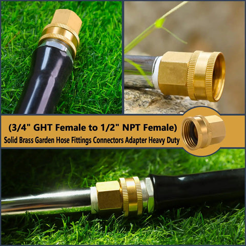 Solid Brass Garden Hose Adapter Set With Quick Swivel Double Female Fittings Three Quarter Inch GHT To One Half Inch NPT Female leakproof adapter on hose