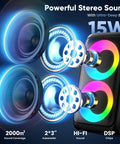 Karaoke Machine For Adults And Kids Portable Bluetooth Speaker with LED lights and powerful stereo sound, shown with subwoofer effects