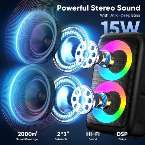 Karaoke Machine For Adults And Kids Portable Bluetooth Speaker with LED lights and powerful stereo sound, shown with subwoofer effects