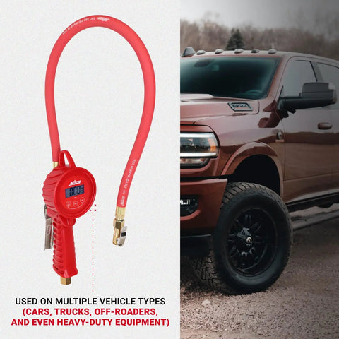 Digital Tire Inflator With Backlit Gauge Measures 5 To 220 Psi Reads In Psi Bar KPa KgPerCm2 Grip Head Chuck and red truck
