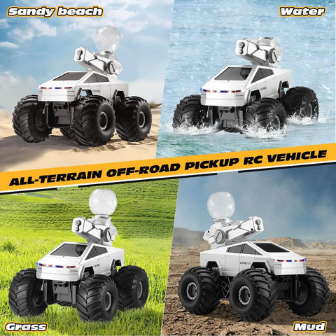 Amphibious RC Car With Water Cannon And Waterproof Remote Scale One To Sixteen 4WD Monster Truck on sand, water, grass, and mud