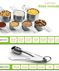 Stainless Steel Measuring Cups And Spoons Set Of 14 With Leveler, Nesting Kitchen Gear for dry and liquid ingredients display.