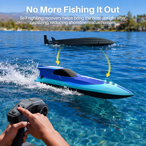 Brushless RC Boat For Adults And Teens 35 KPH Crazy Fast High Speed Remote Control Boat With Self Righting Auto Demo on lake