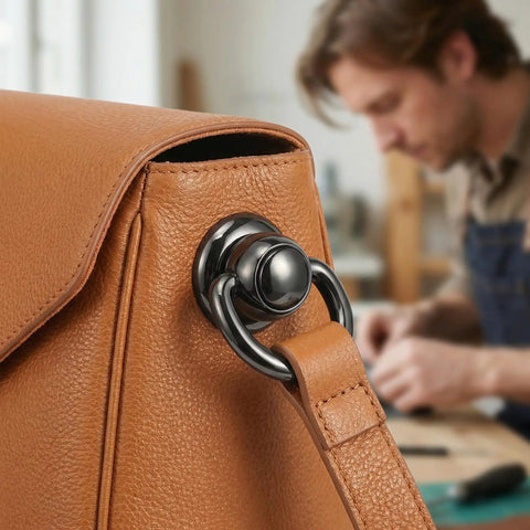 Hella Solid Black Zinc Ball Studs With Swivel D Rings For Leather Crafting Professional Hardware Bundle For Handbag Strap Conversion with brown leather bag.