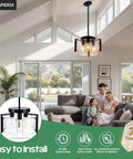 Kickass 14 Inch Three Light Black Chandelier Smooth 2 In 1 Convertible Pendant And Flush Mount With Textured Drum Glass in a modern living room.