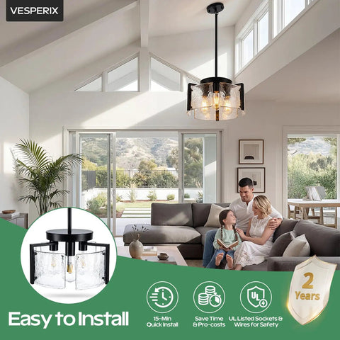 Kickass 14 Inch Three Light Black Chandelier Smooth 2 In 1 Convertible Pendant And Flush Mount With Textured Drum Glass in a modern living room.