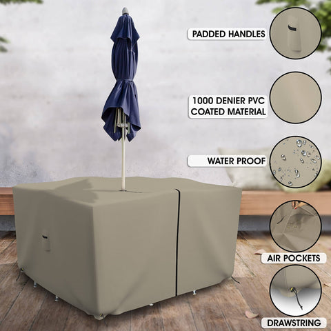 Heavy Duty Square Table And Chair Set Cover With Umbrella Hole, 12 Oz Waterproof PVC Coated Polyester, All Weather UV Resistant, Beige
